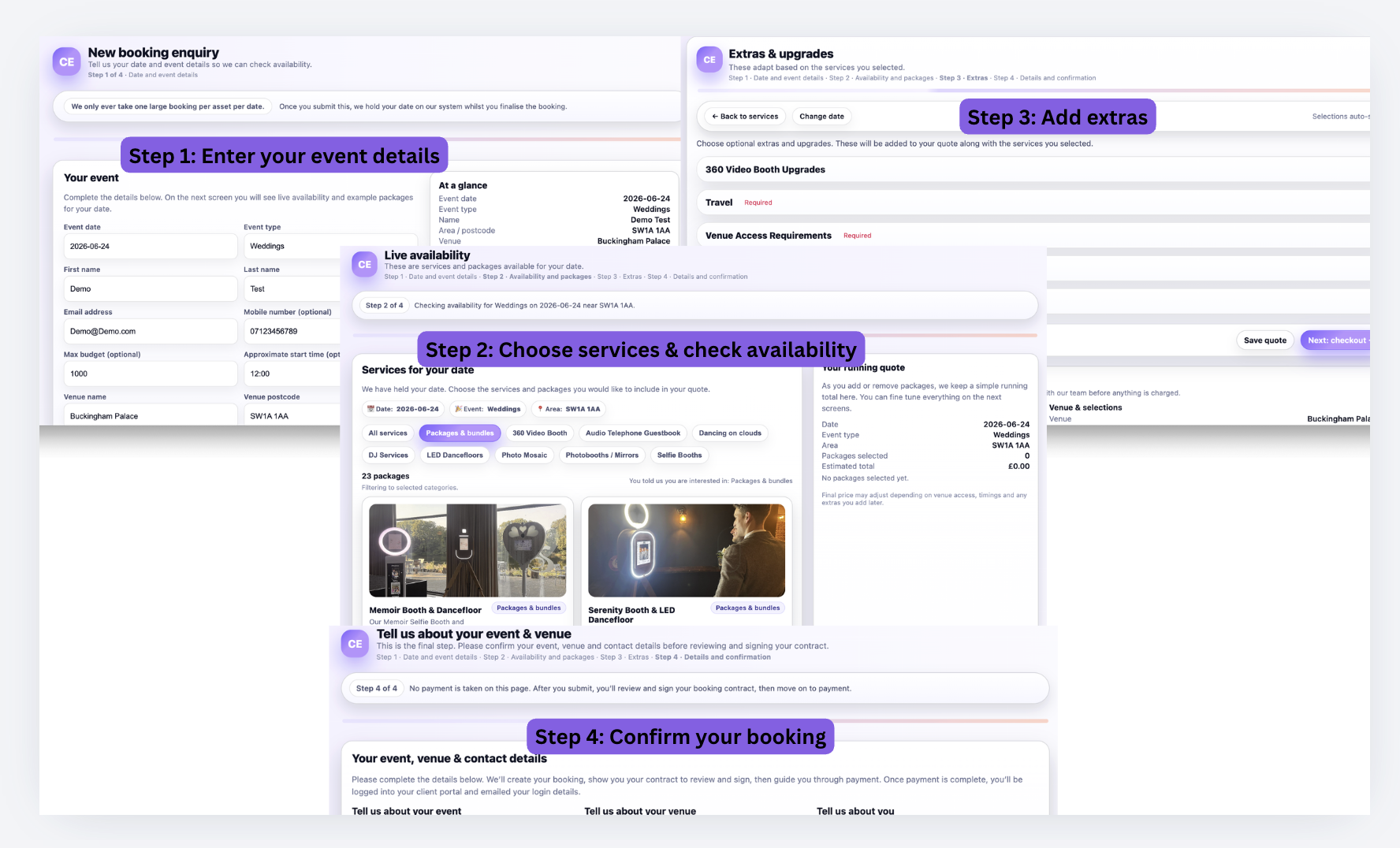 Planellio live-pricing self-service booking workflow