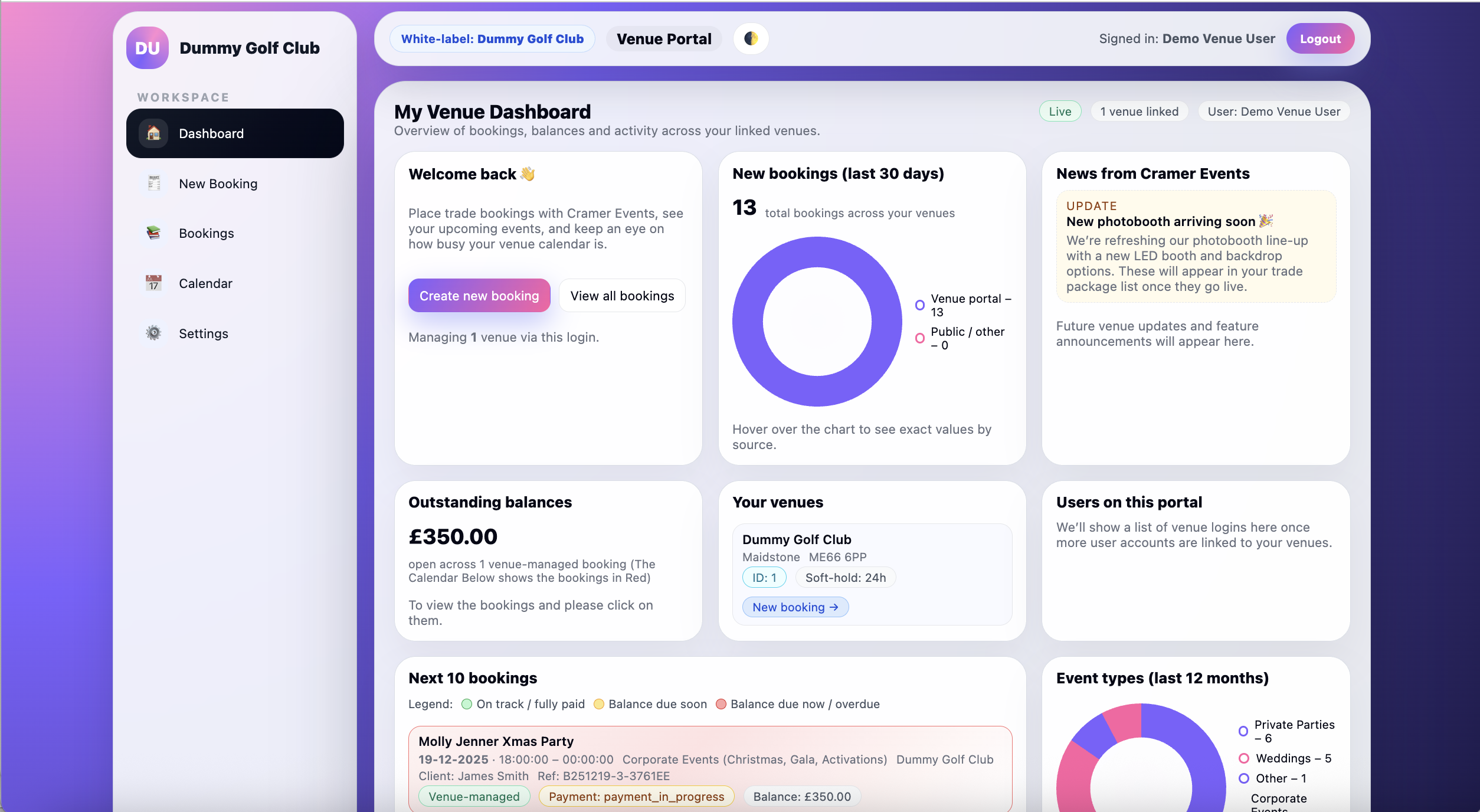 Planellio venue portal screenshot