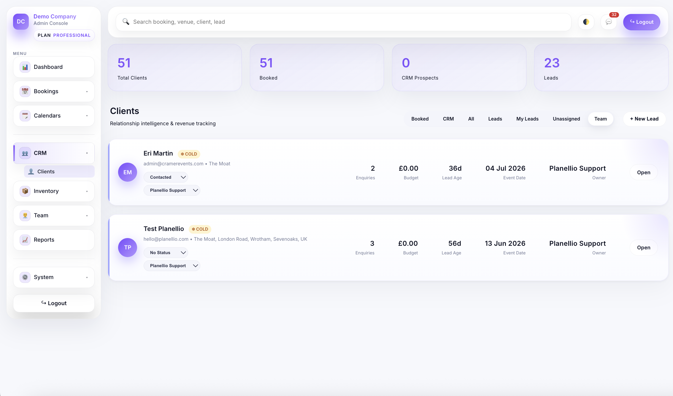 Lead and booking workflow in Planellio