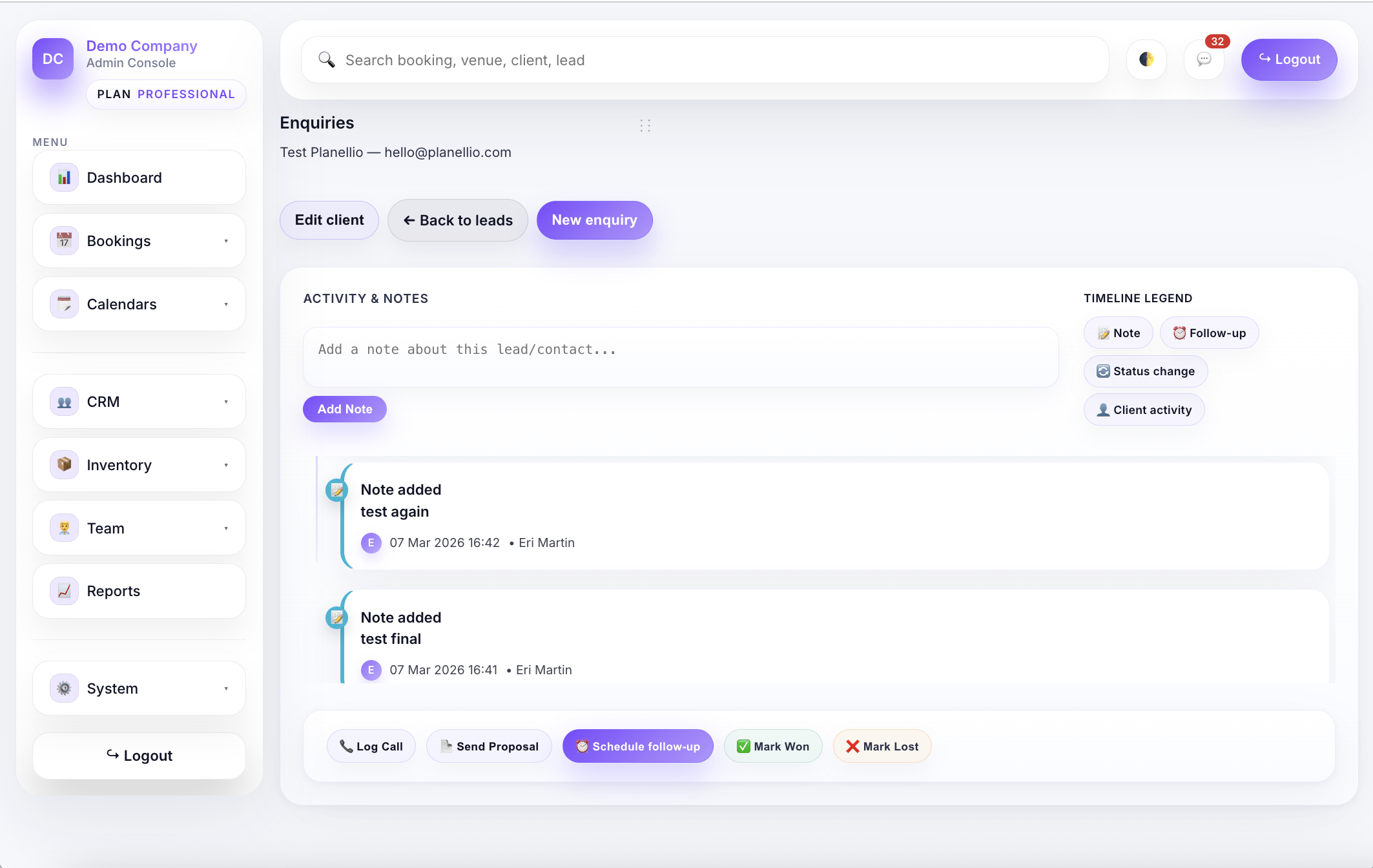 Planellio CRM feature view