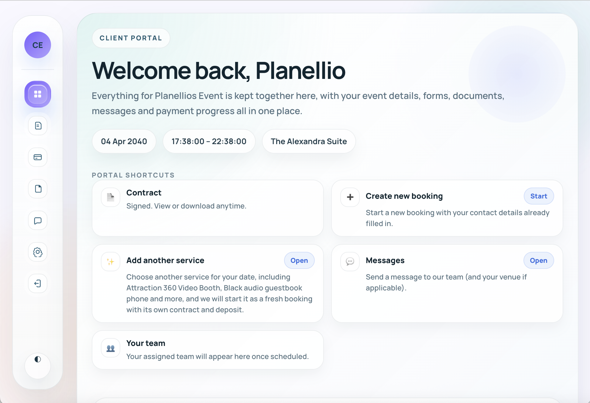 Planellio client portal and guided booking journey