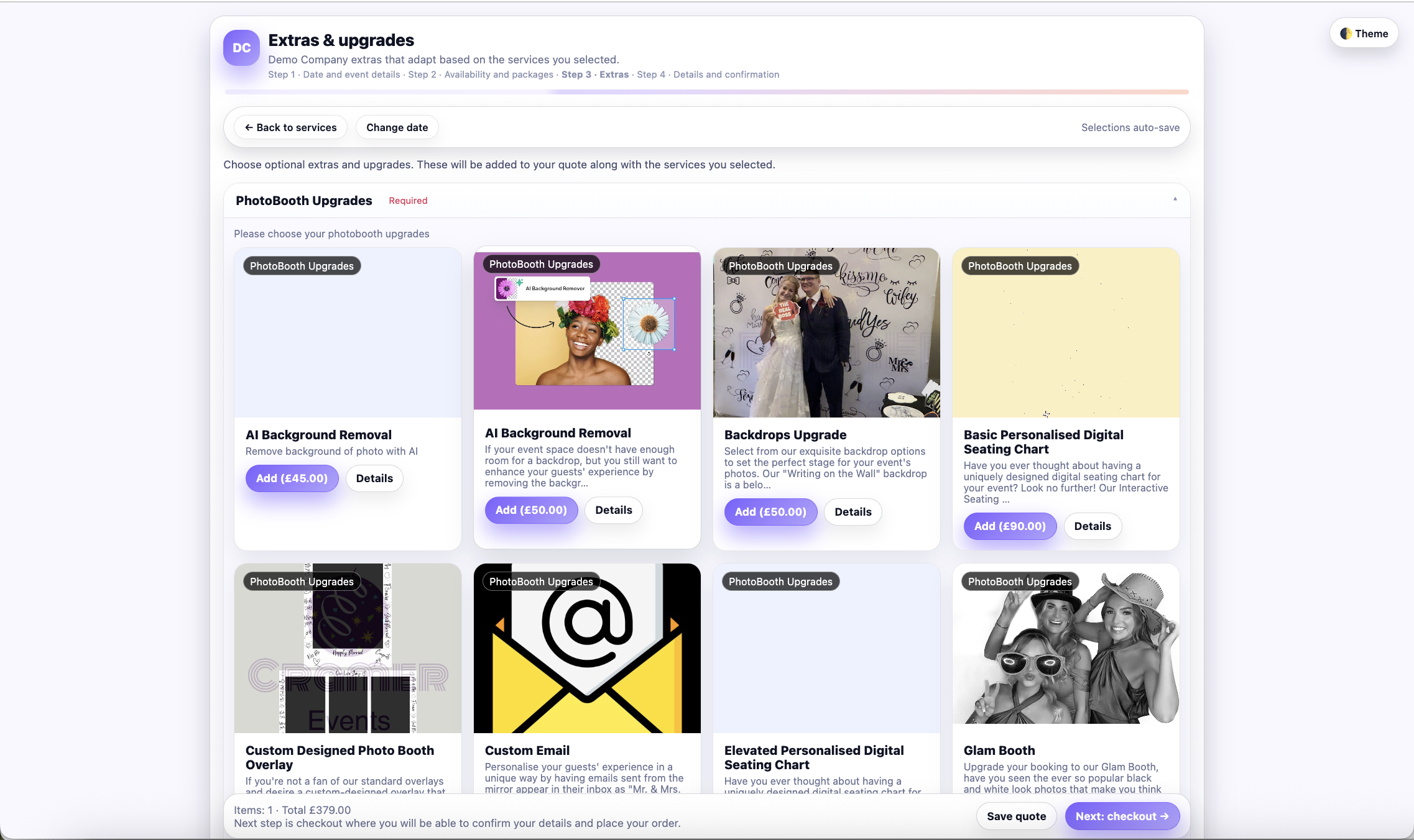 Planellio booking extras and checkout step