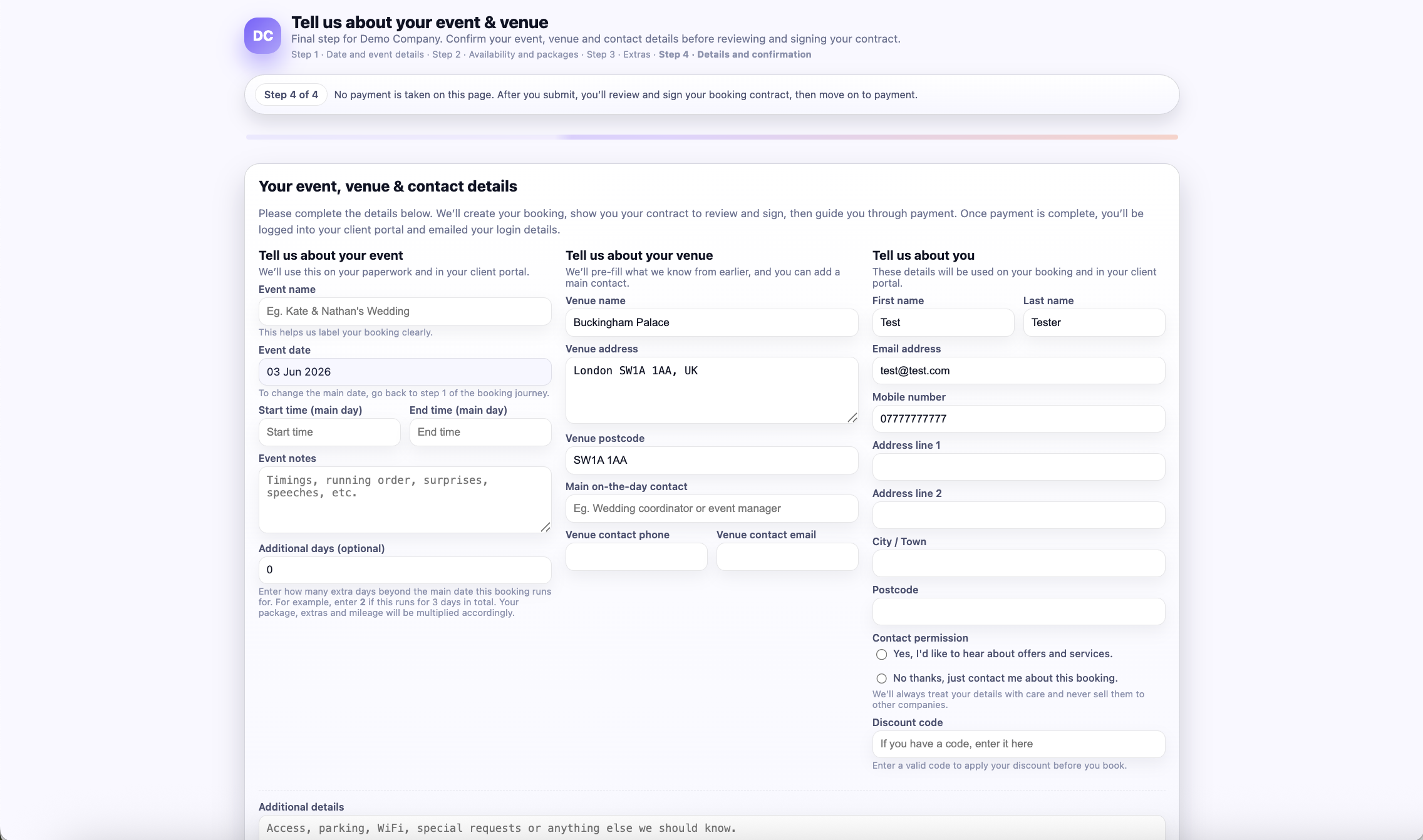 Planellio booking confirmation step