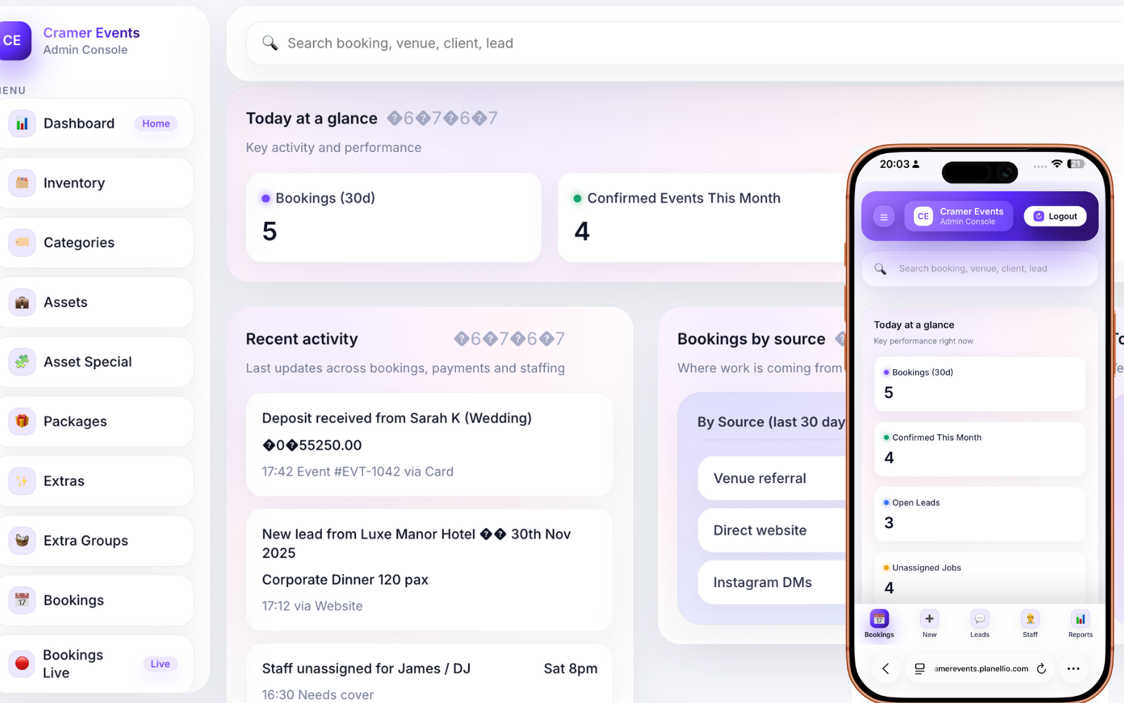 Event booking software dashboard